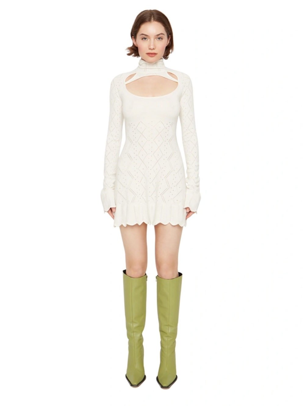Danielle Guizio Cream Wool Pointelle Long Sleeve Mini Dress Small